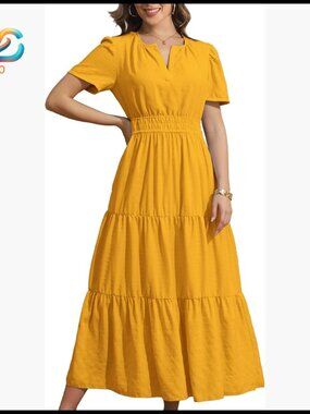 Polyester Maxi Dress with Elastic Waist and Pockets for Casual Beach Wear